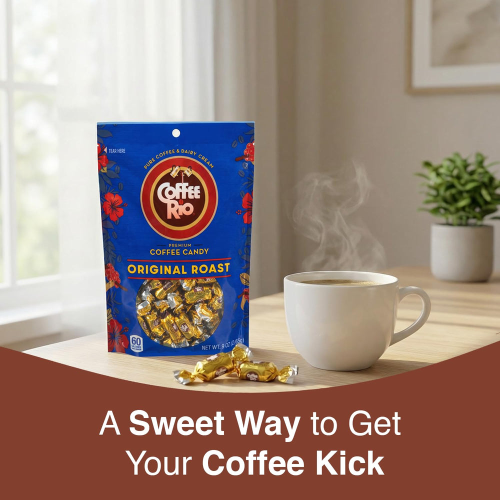Coffee Rio Original Roast caramels in an office candy bowl for quick breaks