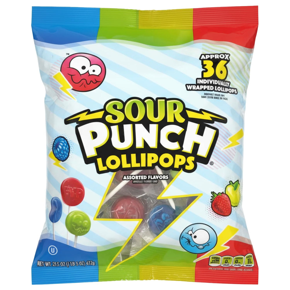 Adams & Brooks Sour Punch Lollipops front packaging shows bold flavors.