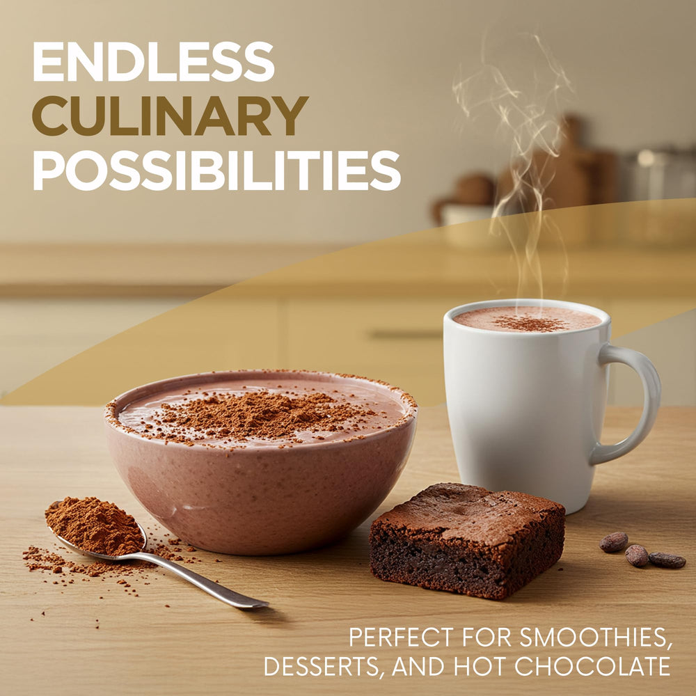 Addictive Wellness Raw Cacao Powder in blender setup ideal for smoothies and guilt-free treats.