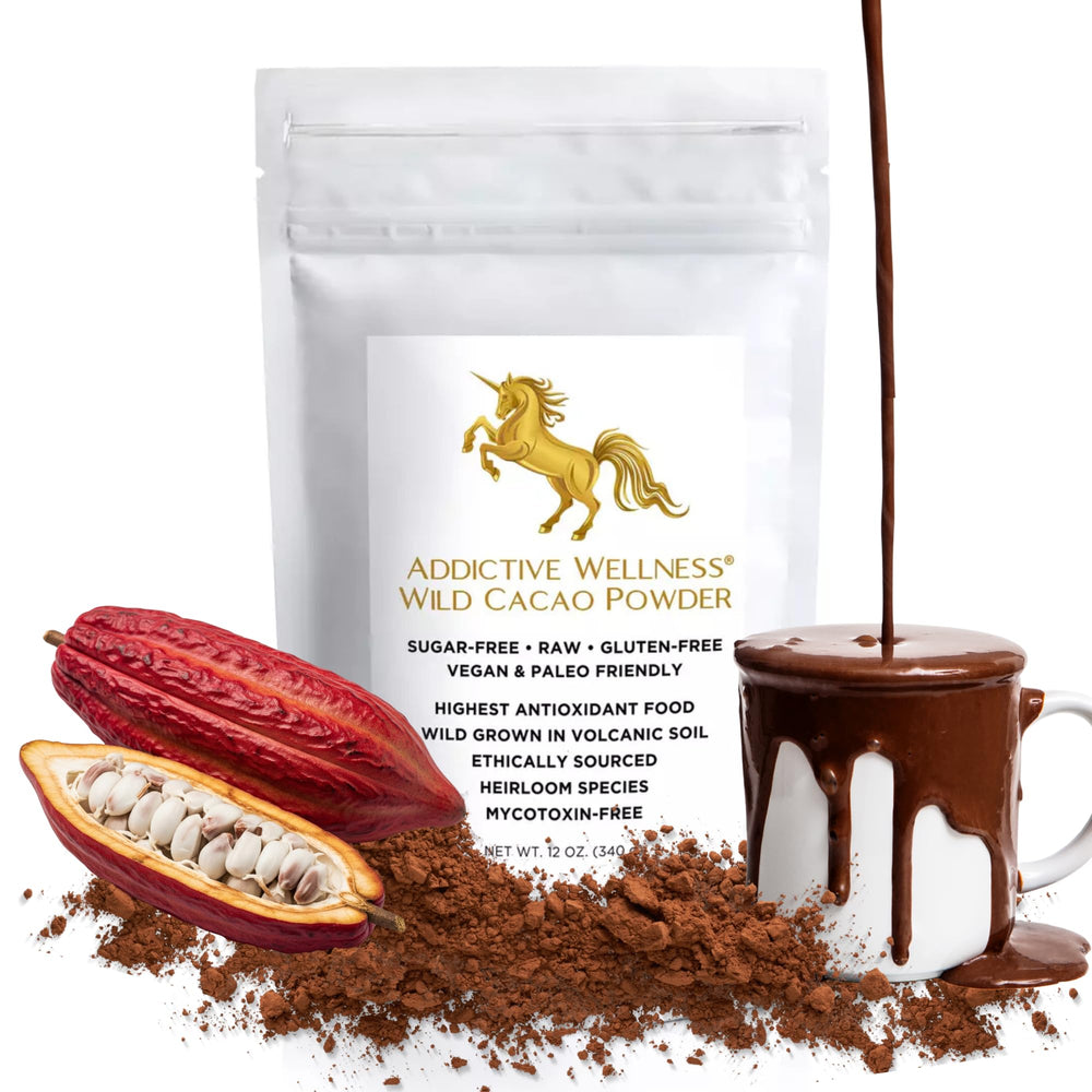 Addictive Wellness Raw Cacao Powder jar closeup showing rich aroma for baking and smoothies.