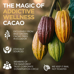 Addictive Wellness Raw Cacao Powder pouring from a jar for keto and paleo meals.