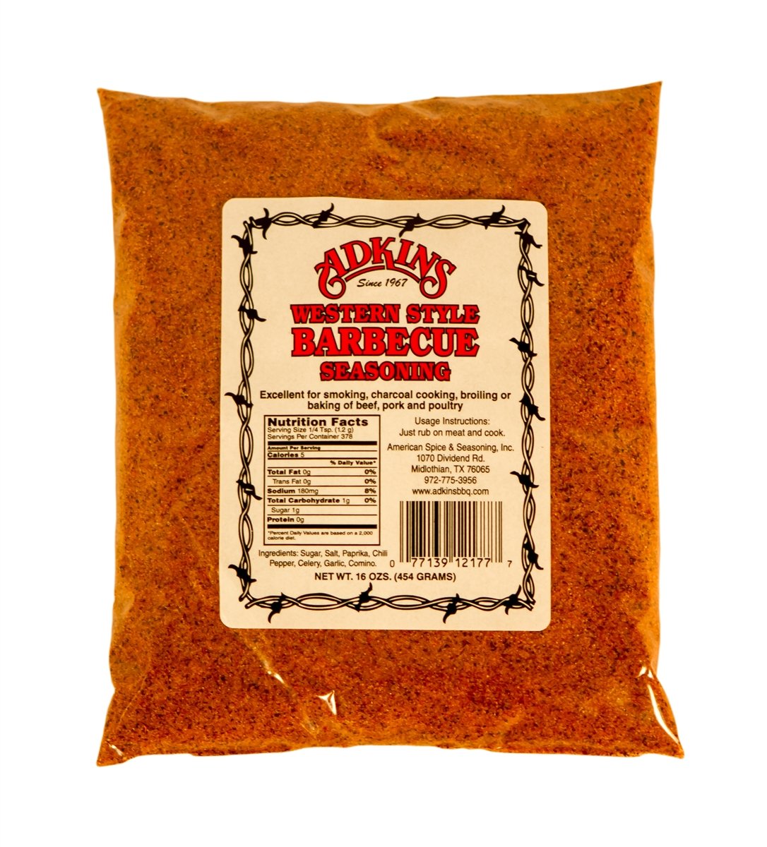 Adkins Western Style BBQ Seasoning bottle shows all-natural rub for beef, pork, and poultry.
