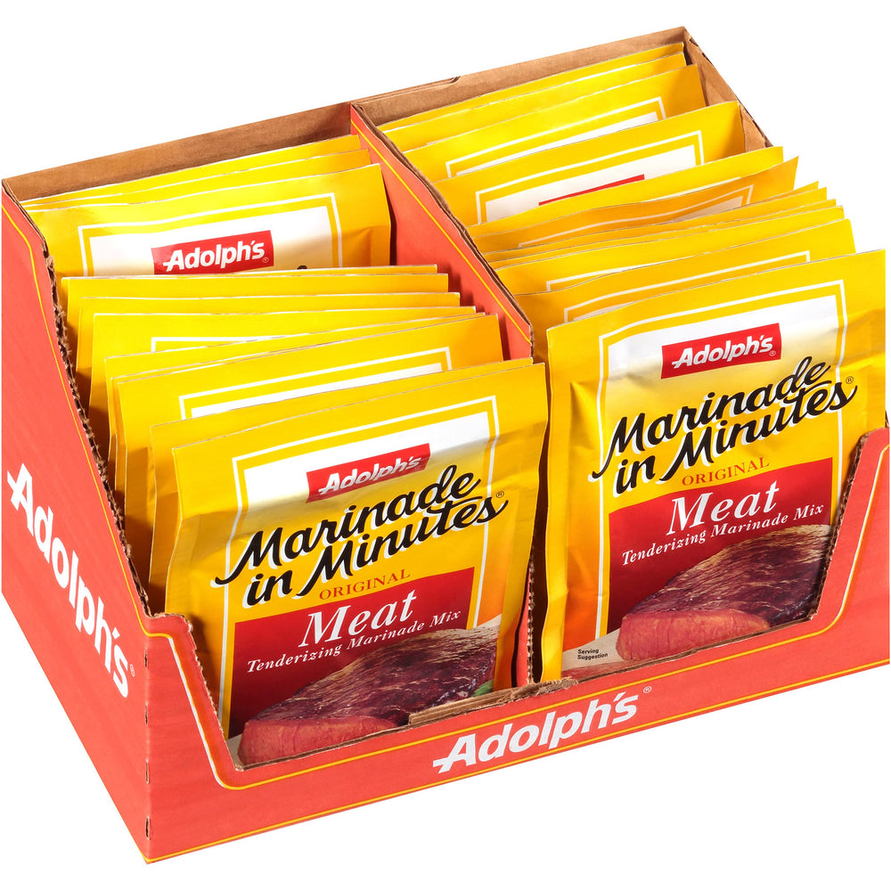 Adolph's Marinade In Minutes original label showing spices and pineapple enzyme for tenderizing