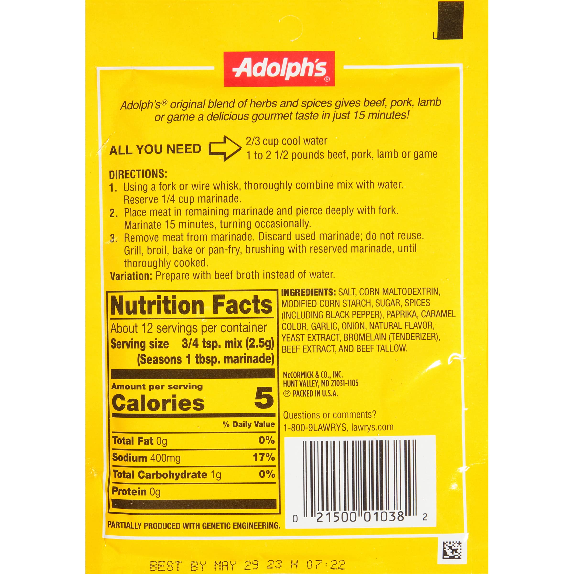 Adolph's Original marinade on meat in a bowl demonstrates rapid flavor infusion.