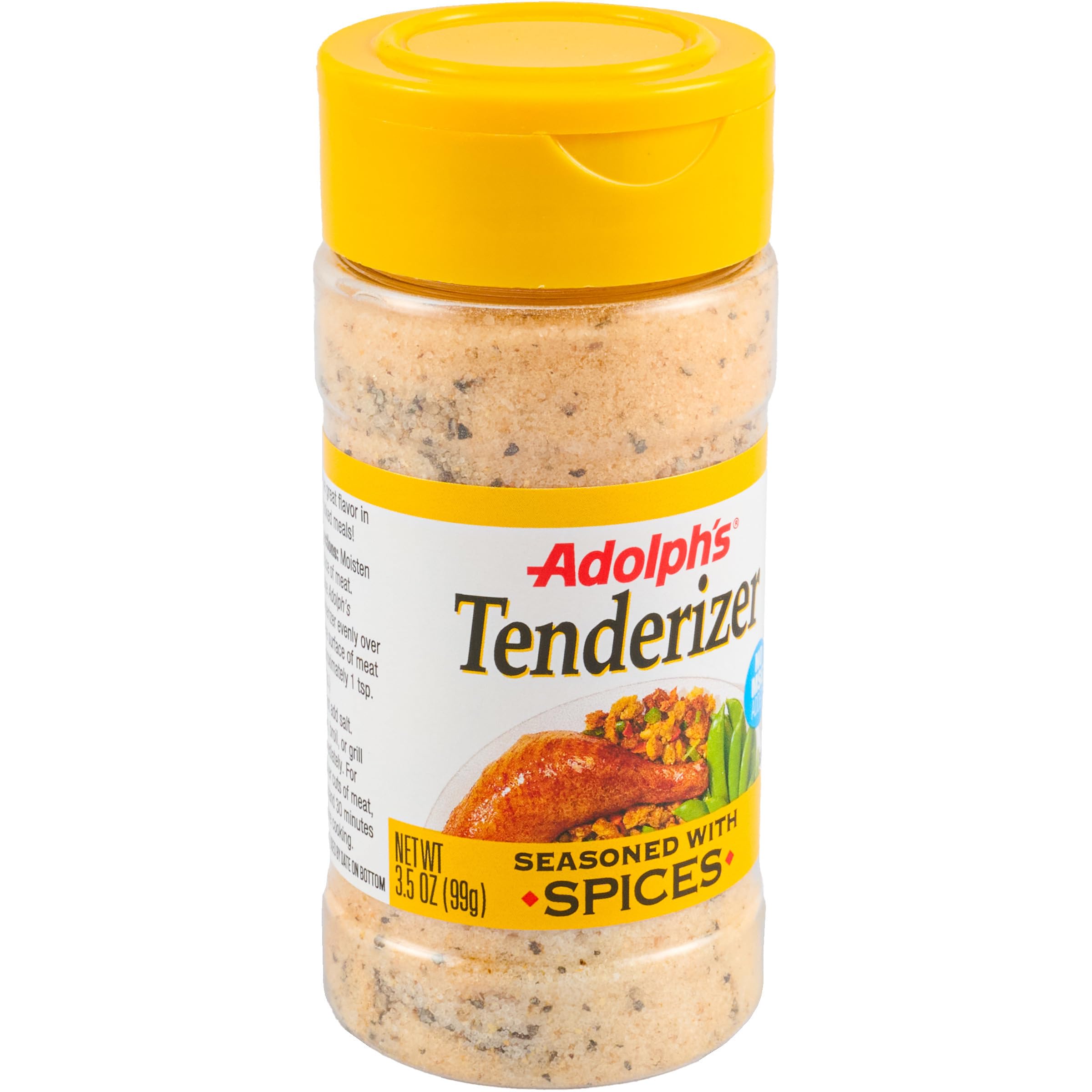 Adolph's Seasoned Tenderizer bottle pours seasoning onto meat to boost flavor.
