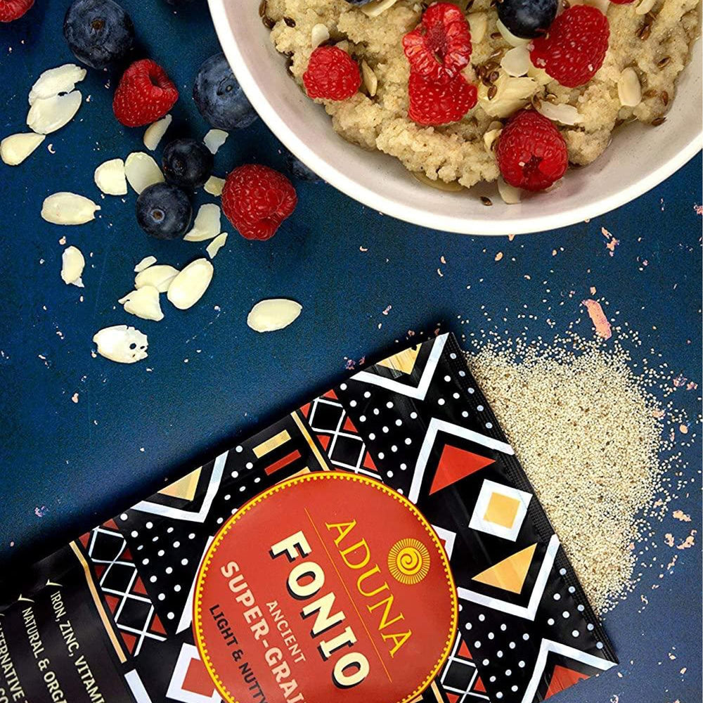 Aduna Fonio 1kg pack on shelf signals authentic origin and value.