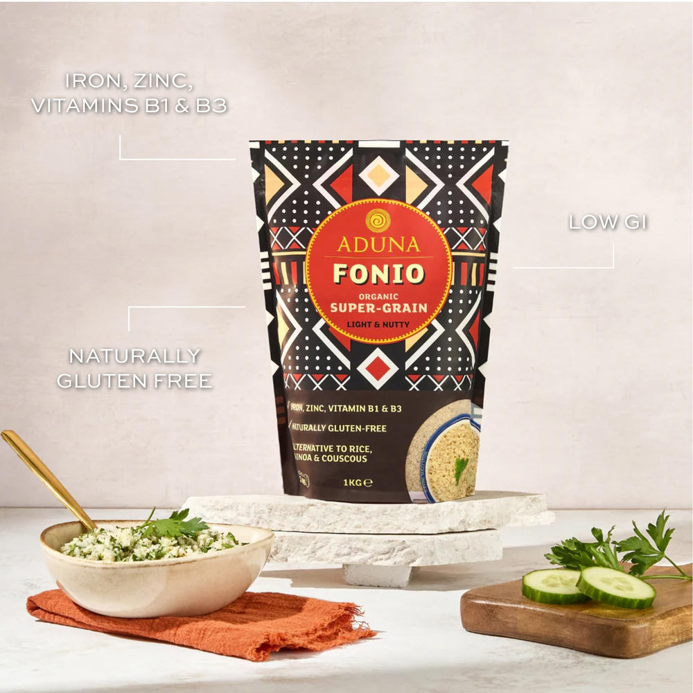 Aduna Fonio stir-fry base on skillet emphasizes quick weeknight meals.