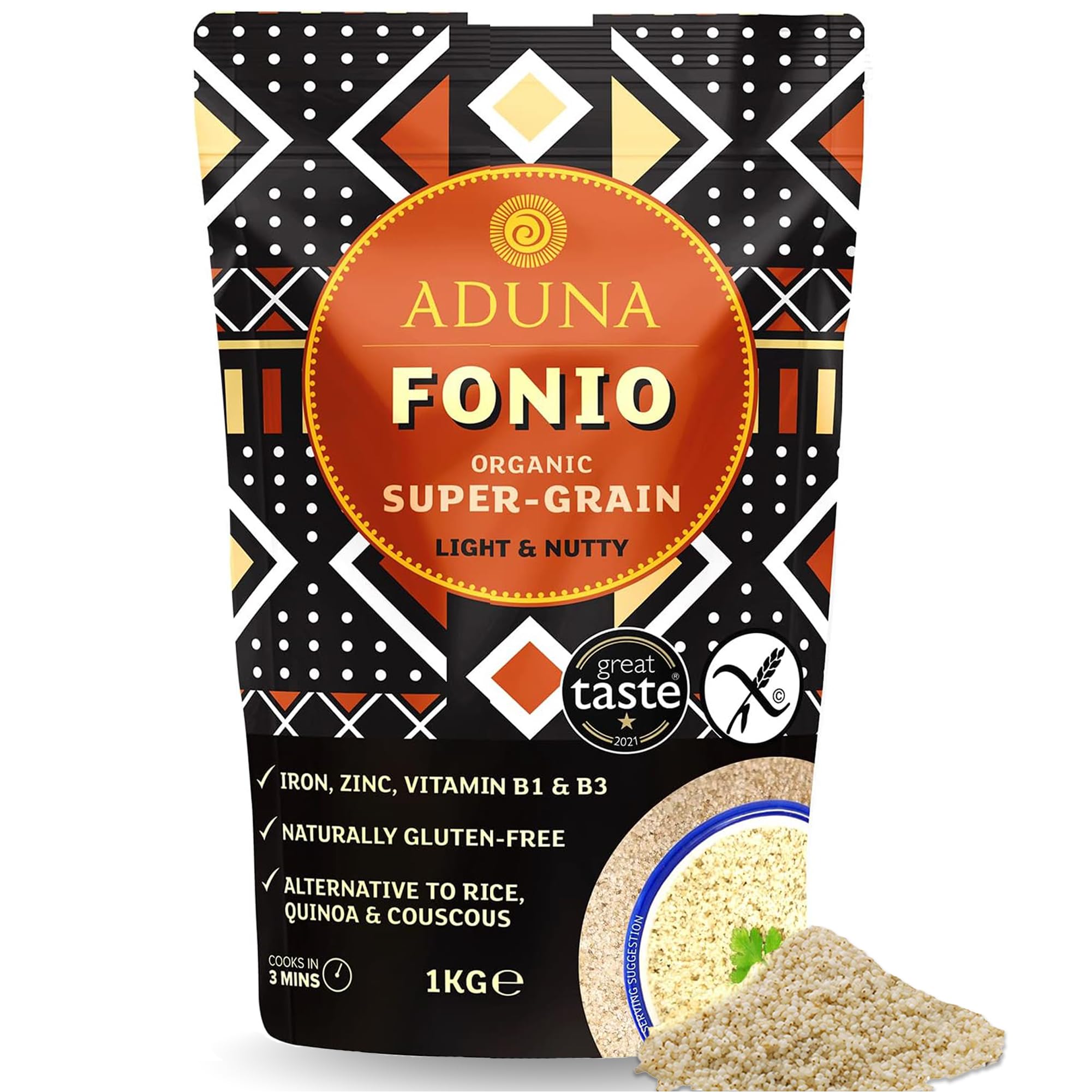 Aduna Fonio supergrain in a bowl, light and fluffy, a versatile porridge base.