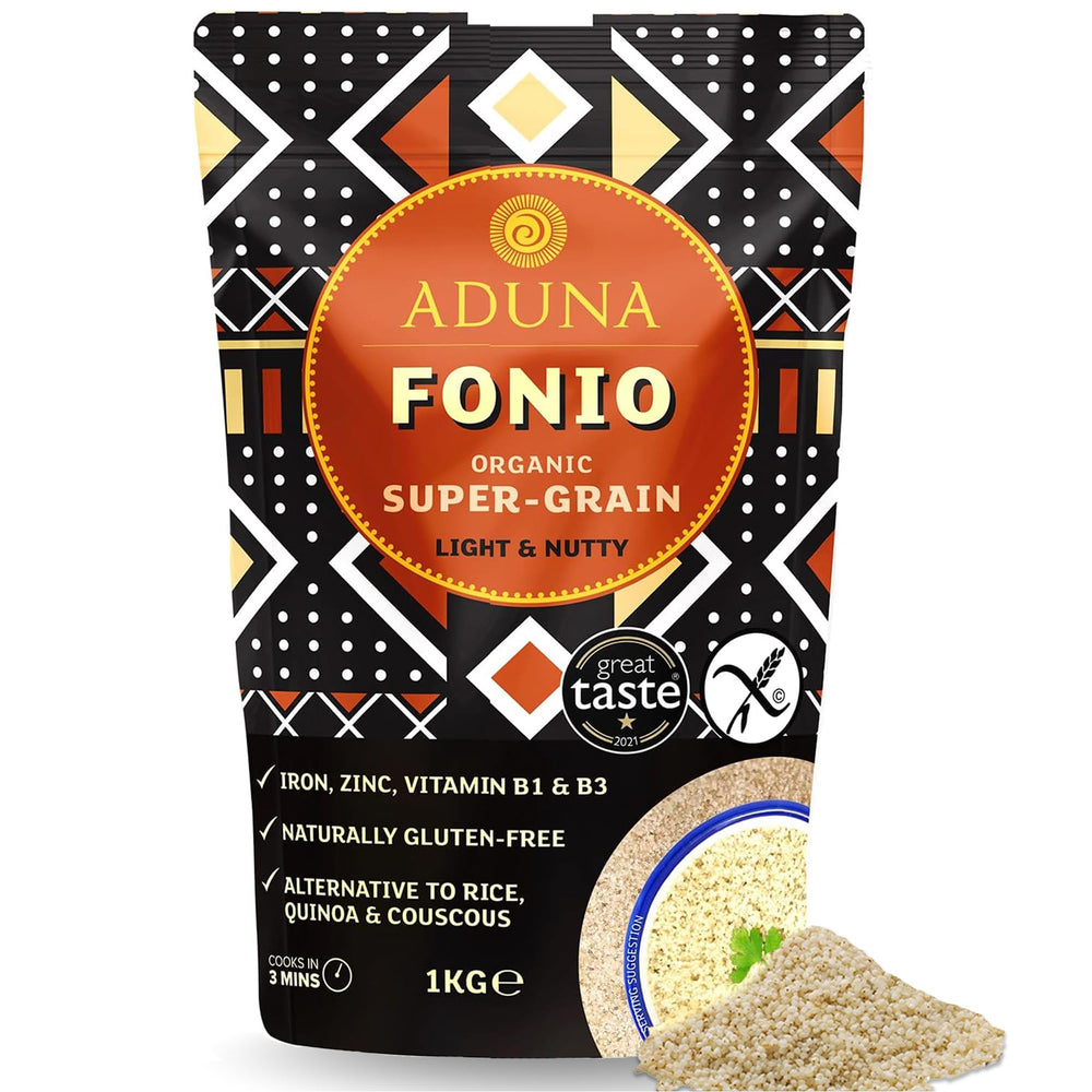 Aduna Fonio supergrain in a bowl, light and fluffy, a versatile porridge base.