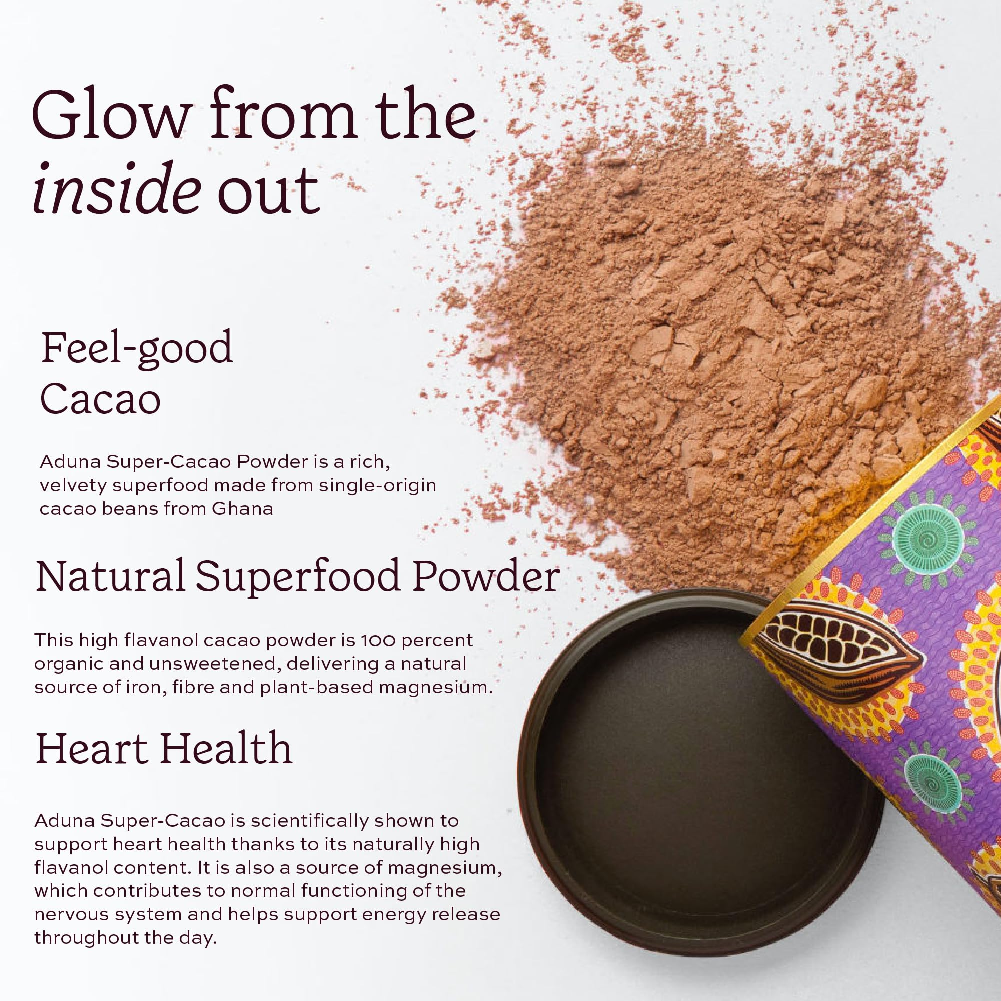 Aduna Super-Cacao powder baking scene representing versatile ingredient for desserts.