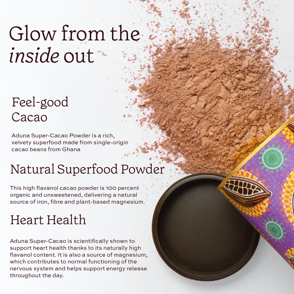 Aduna Super-Cacao powder baking scene representing versatile ingredient for desserts.