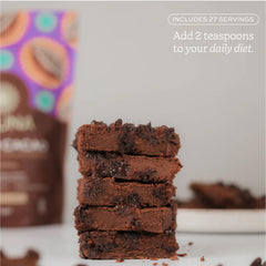 Aduna Super-Cacao powder mug of hot chocolate emphasizing rich, chocolatey experience.