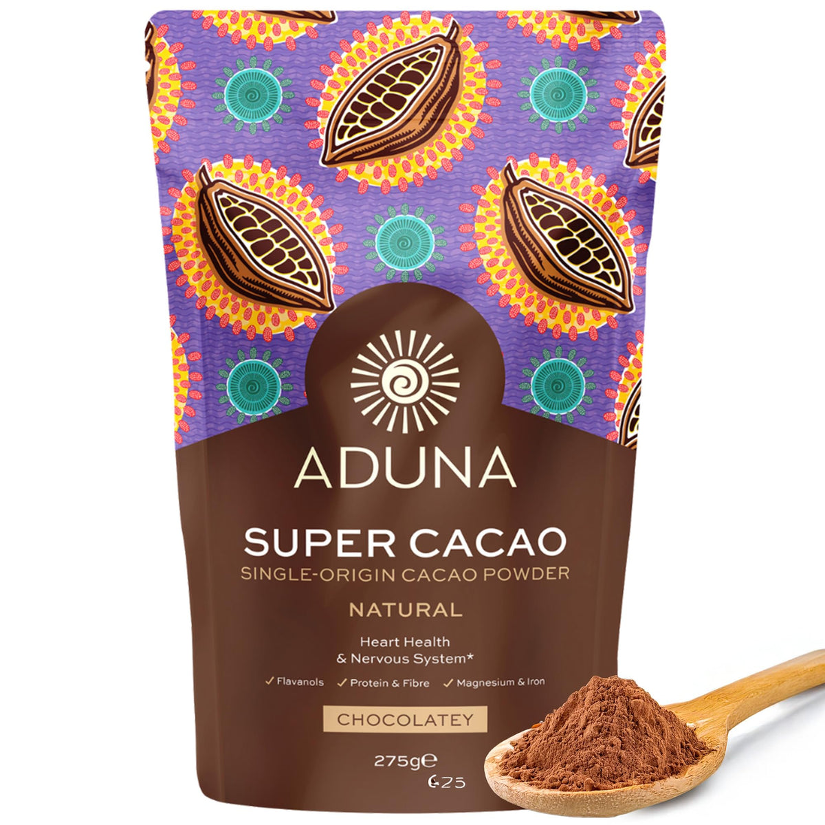 Aduna Super-Cacao powder packaging highlighting Ghana origin and natural, unsweetened cacao.