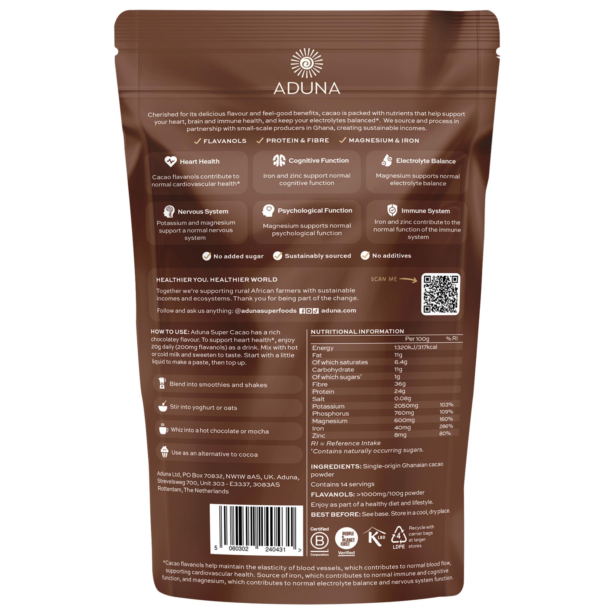 Aduna Super-Cacao powder pour shot illustrating smooth, velvety texture ideal for drinks.