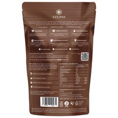 Aduna Super-Cacao powder pour shot illustrating smooth, velvety texture ideal for drinks.