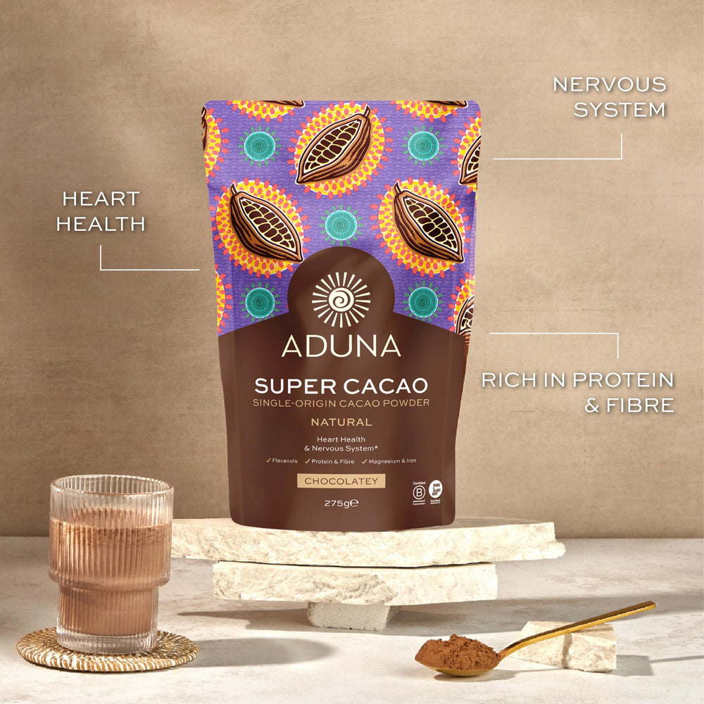 Aduna Super-Cacao powder smoothie artwork showing easy incorporation into breakfast.