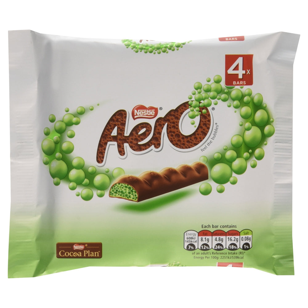 AERO Mint Chocolate Bubbly Bar pack showing four bars for sharing and minty enjoyment