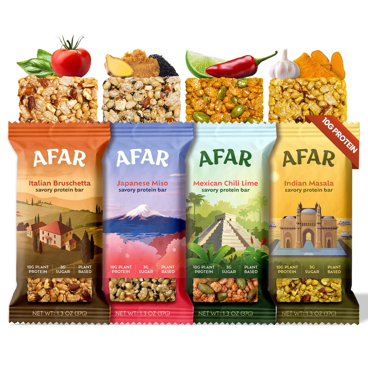 Afar Savory Protein Bars variety pack front view for grab-and-go snacking