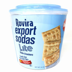 Affinity Foods Rovira Lite Soda Crackers in 23oz bucket closeup, showcasing airy crunch for snacking.