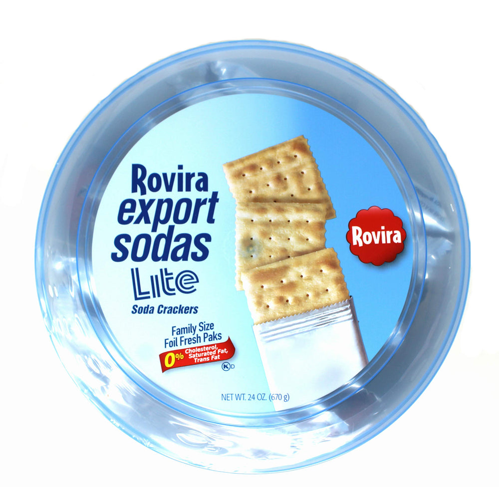 Affinity Foods Rovira Lite Soda Crackers bucket packaging emphasizing freshness and shareable snacking.