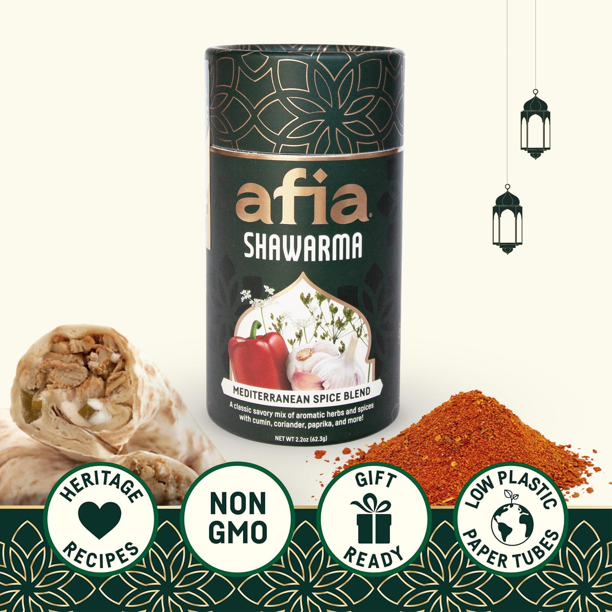 Afia Shawarma spice blend powder boosts depth in marinades and roasts.