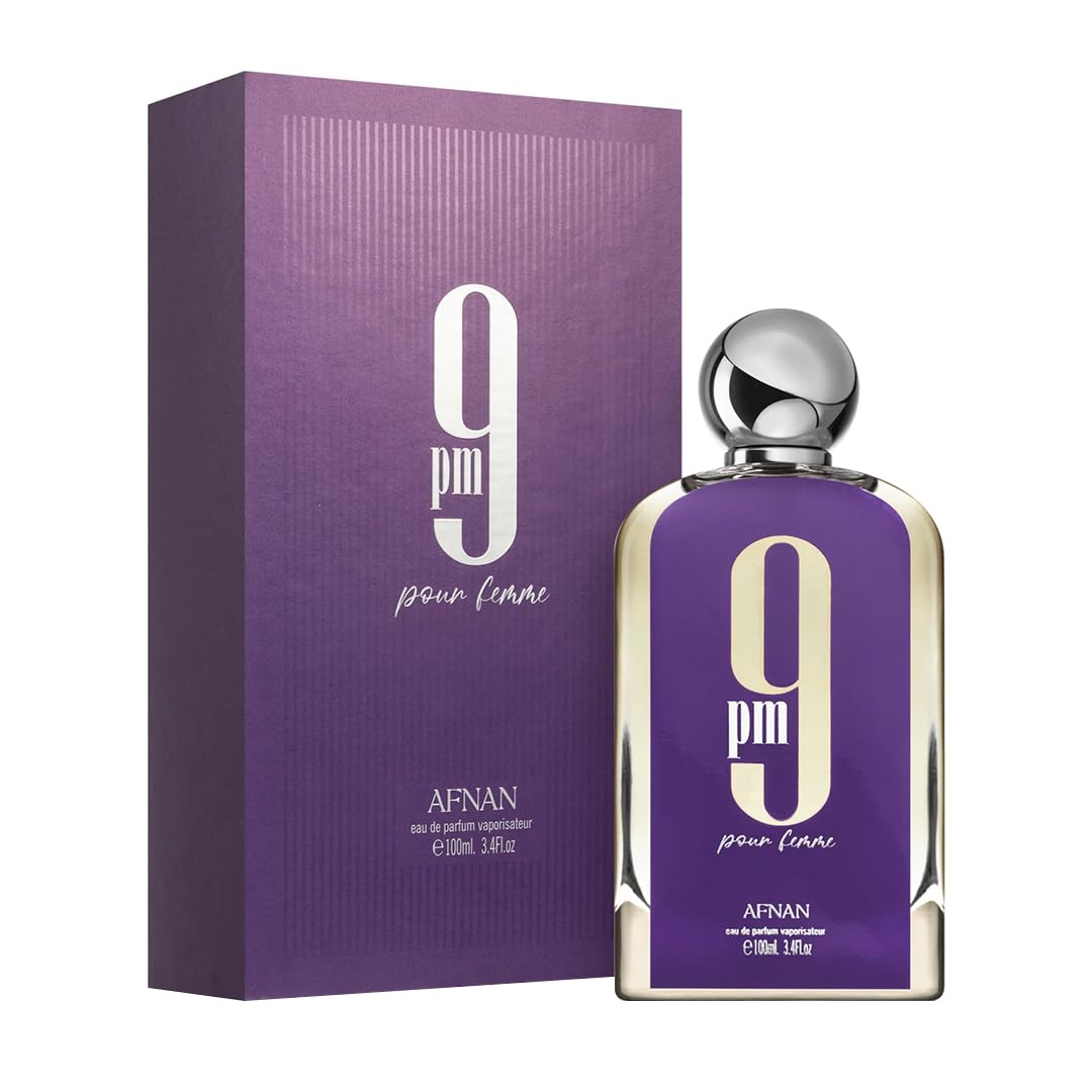 Afnan 9 PM Pour Femme juice glass with golden hue detail