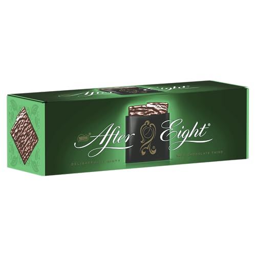 After Eight foil-pack close-up emphasizing elegant golden wrapping and fine chocolates.