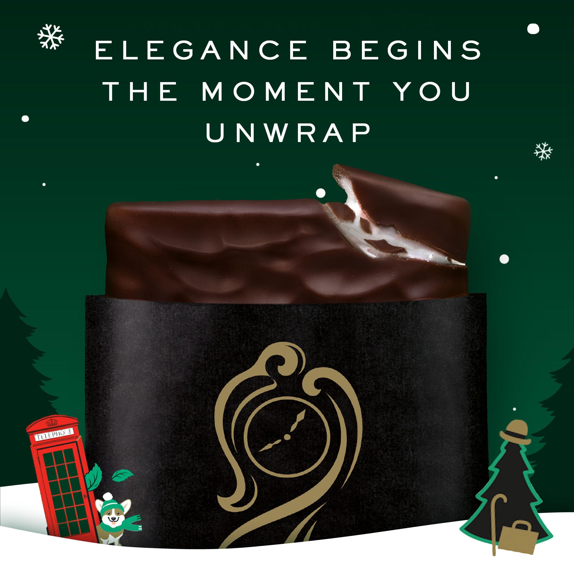 After Eight mint thins on display sliced view, highlighting thin, crisp chocolate slices.