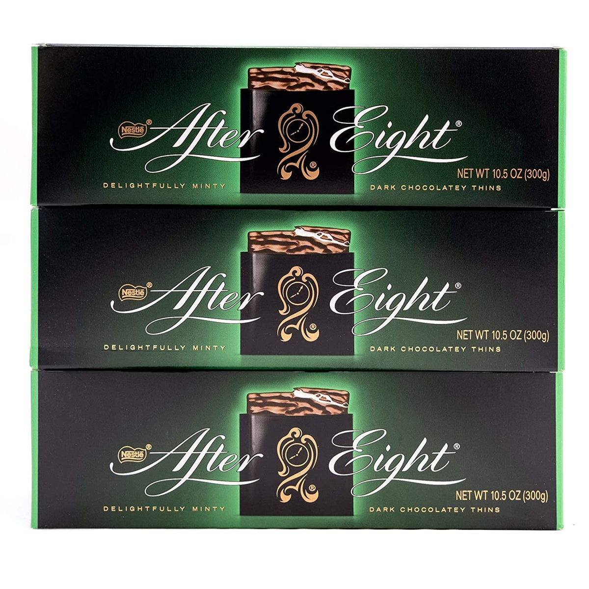After Eight Mints front packaging showing elegant chocolate and mint center