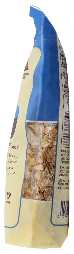 Bob's Red Mill 5 Grain cereal ingredients graphic highlights vegan grains.