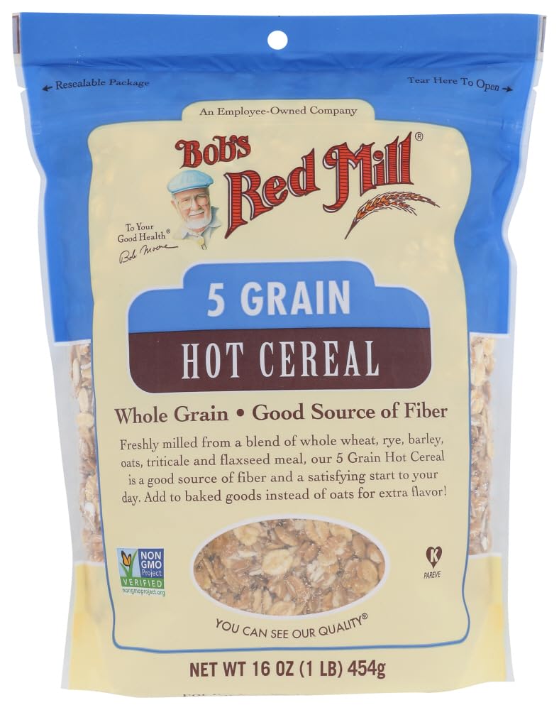 Bob's Red Mill 5 Grain cereal packaging highlighting wholesome grains and fiber.