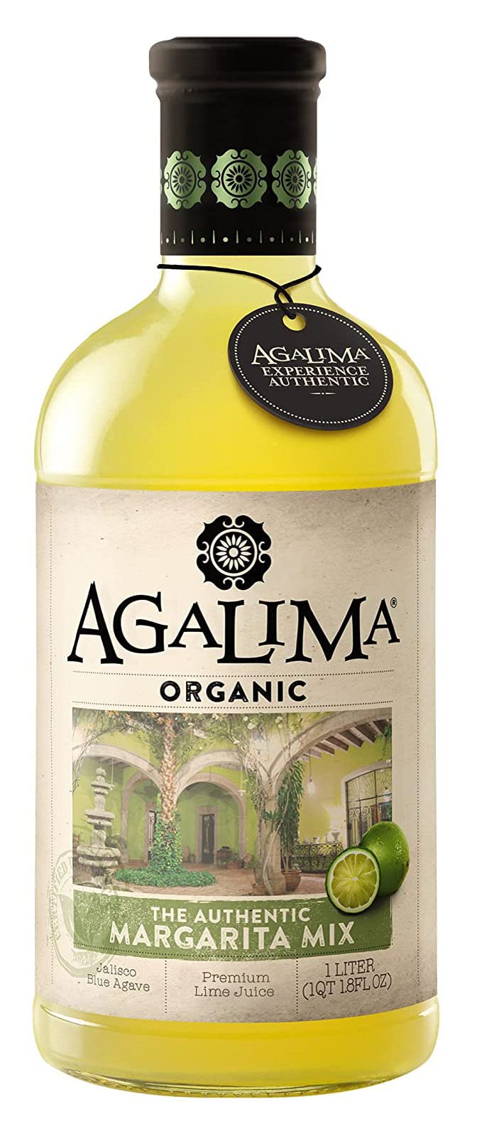 Agalima Organic Margarita Mix bottle closeup highlighting organic ingredients for clean cocktails.