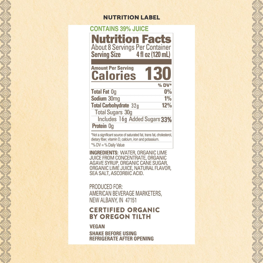 Agalima Margarita Mix label shows USDA Organic ingredients for fresh flavor at home.