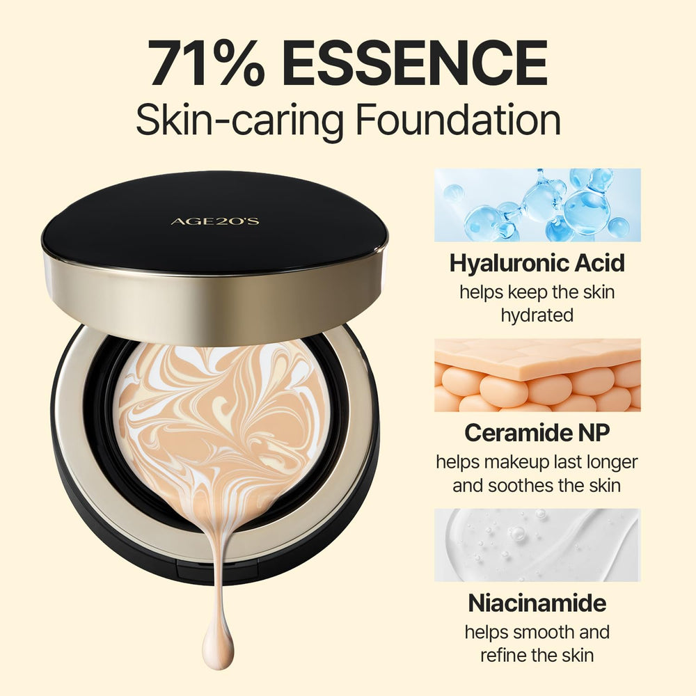 AGE 20's Signature Essence Pact dewy glow finish delivers radiant, non-greasy skin.