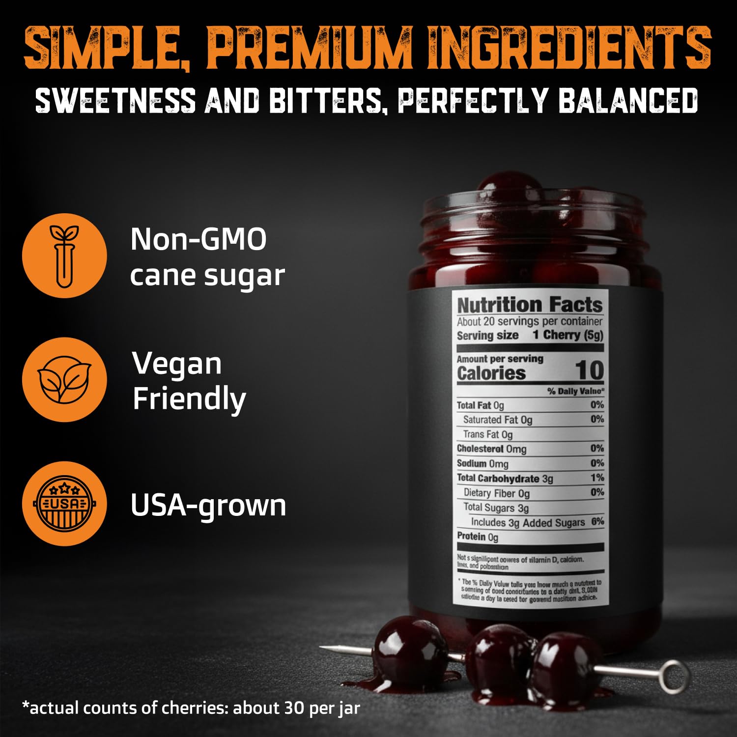 Aged & Charred Amarena cherries closeup highlighting glossy syrup and rich fruit.