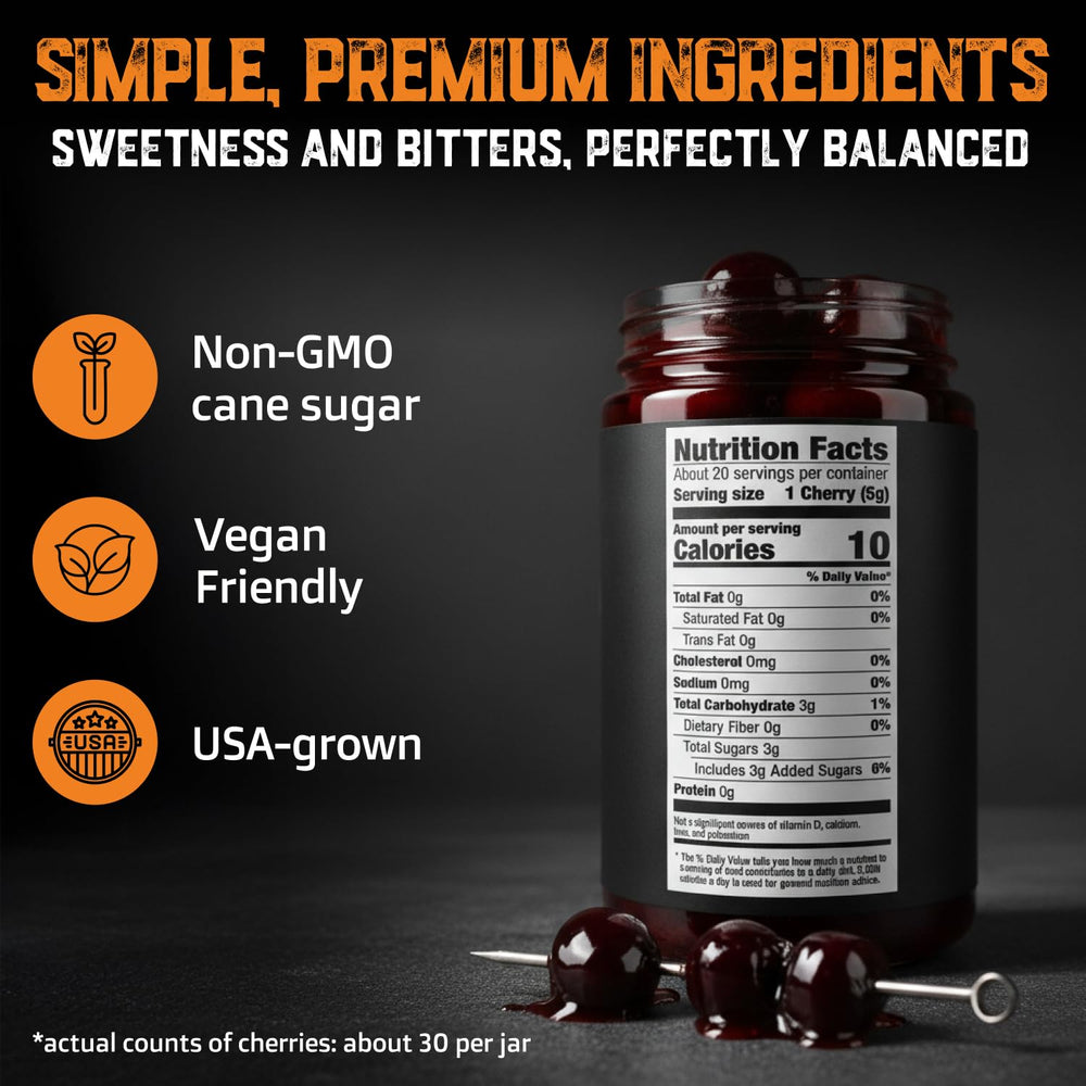 Aged & Charred Amarena cherries closeup highlighting glossy syrup and rich fruit.