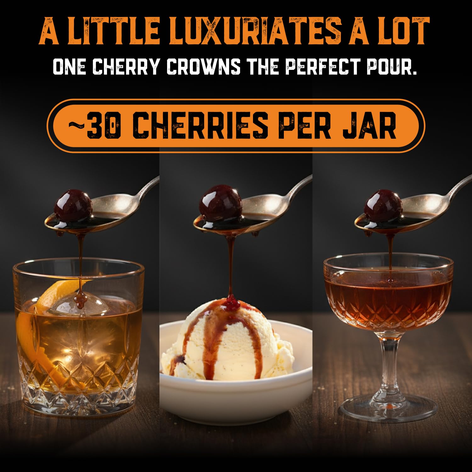 Aged & Charred dessert topping featuring Amarena cherries for dessert elegance.
