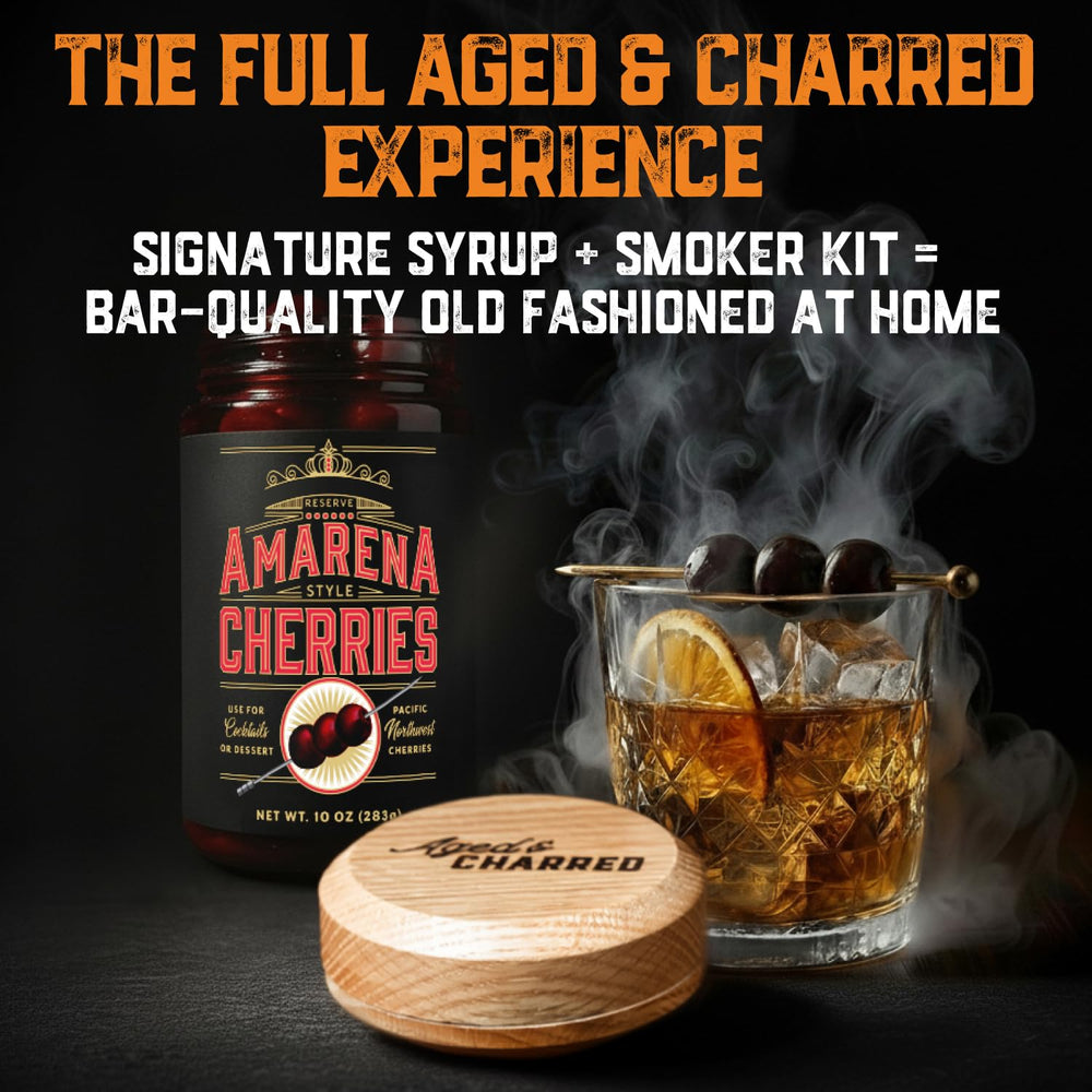 Aged & Charred USA-made Amarena cherries for home bar excellence.