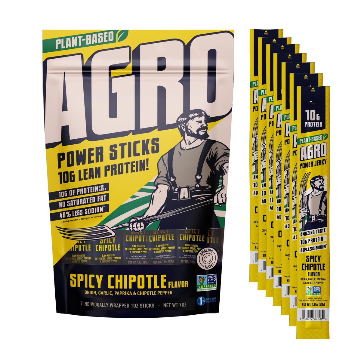 AGRO Power Vegan Jerky Stick chipotle front view for on-the-go protein boost.