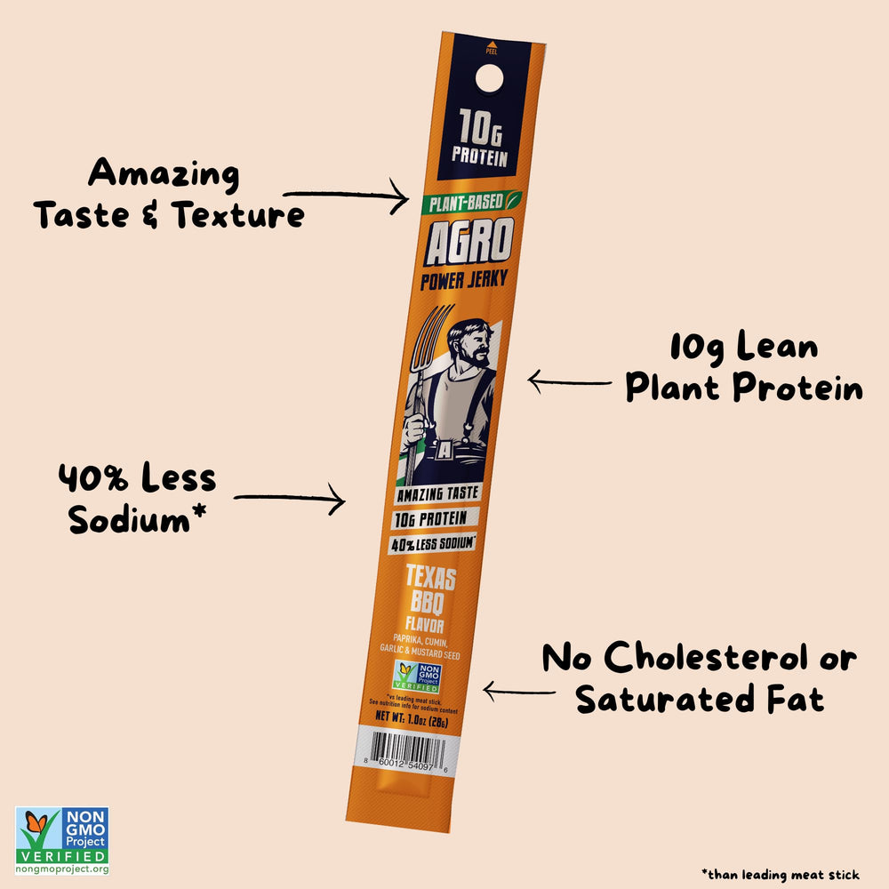 Nutrition panel for AGRO Power vegan jerky sticks featuring 10 g protein