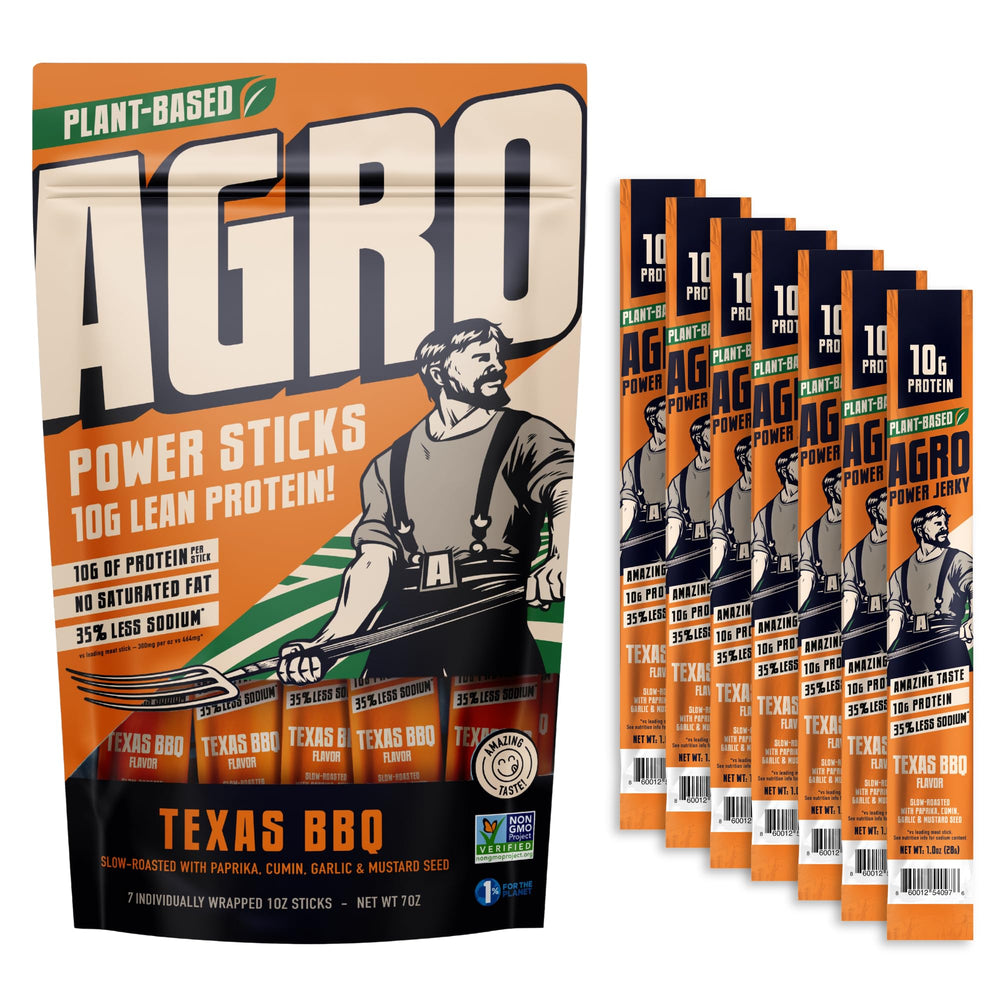 AGRO Power vegan jerky sticks packaging for grab-and-go snacking