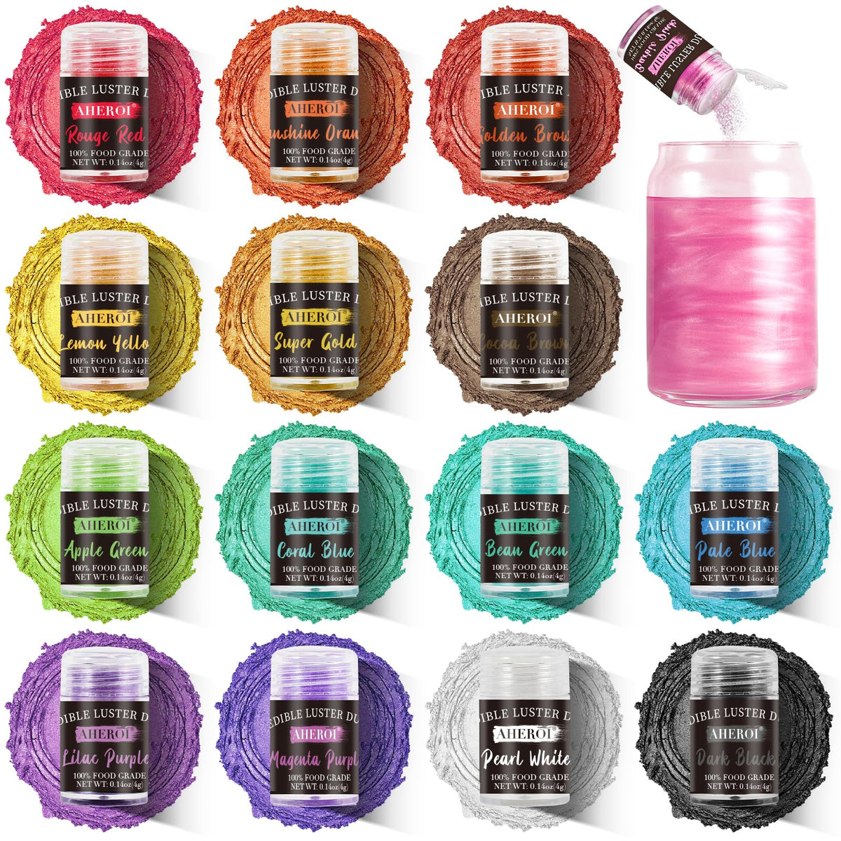 Aheroi edible glitter set with cap design for controlled pouring.