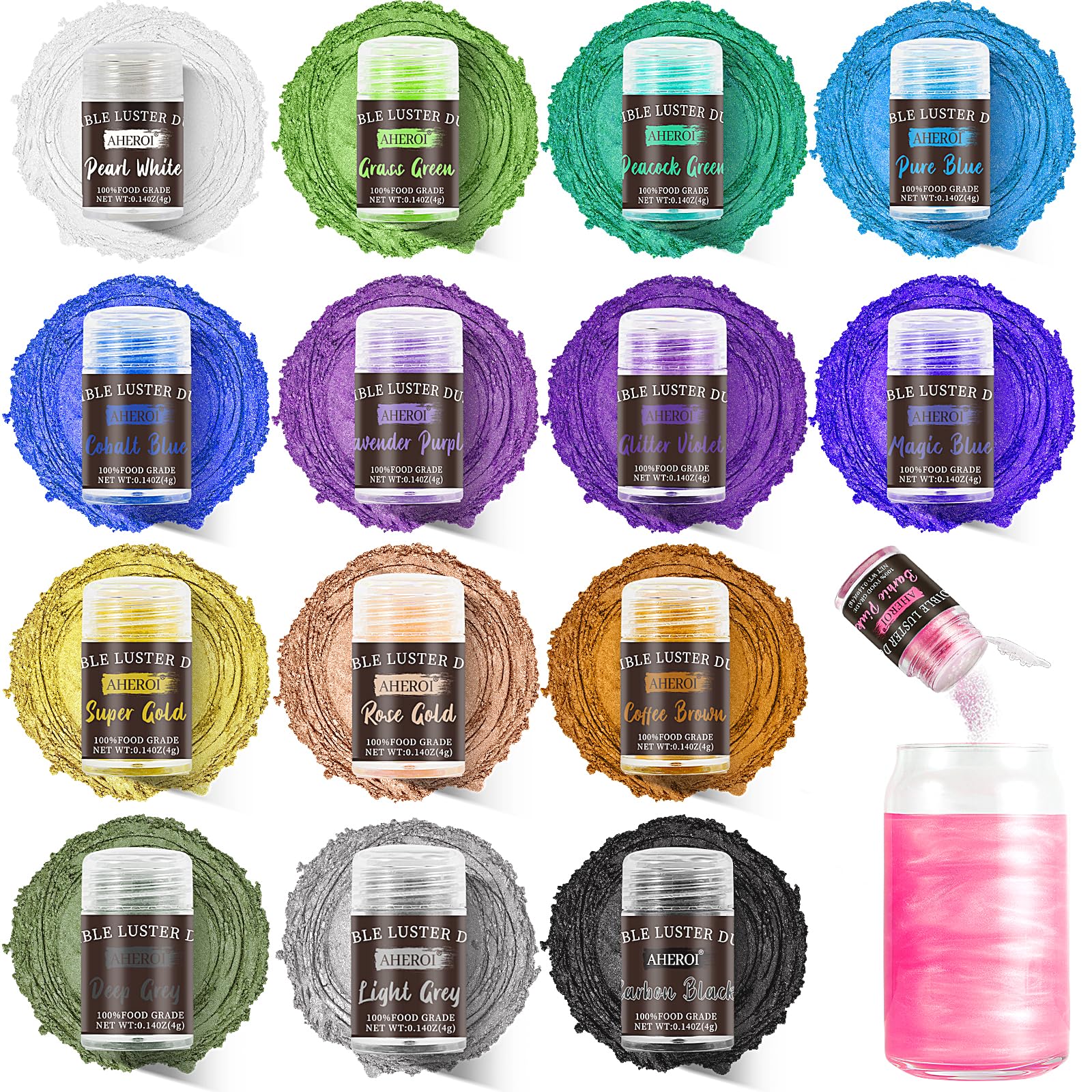 Aheroi edible glitter set in fifteen colors for drinks and desserts.