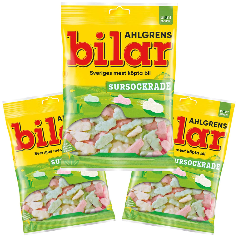 Ahlgrens Bilar Sour car-shaped marshmallows with tangy sugar for a playful snack.
