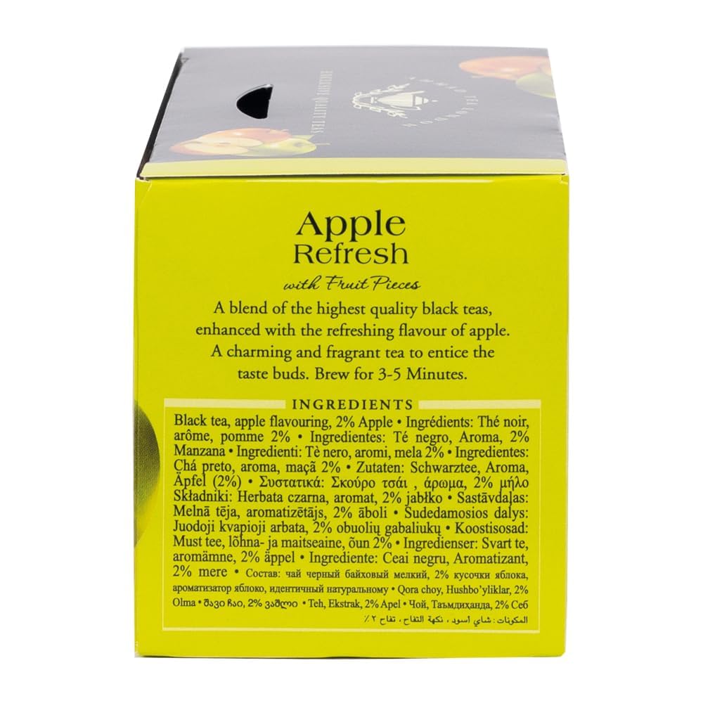 Ingredients list: black tea, apple flavoring, and apple pieces.