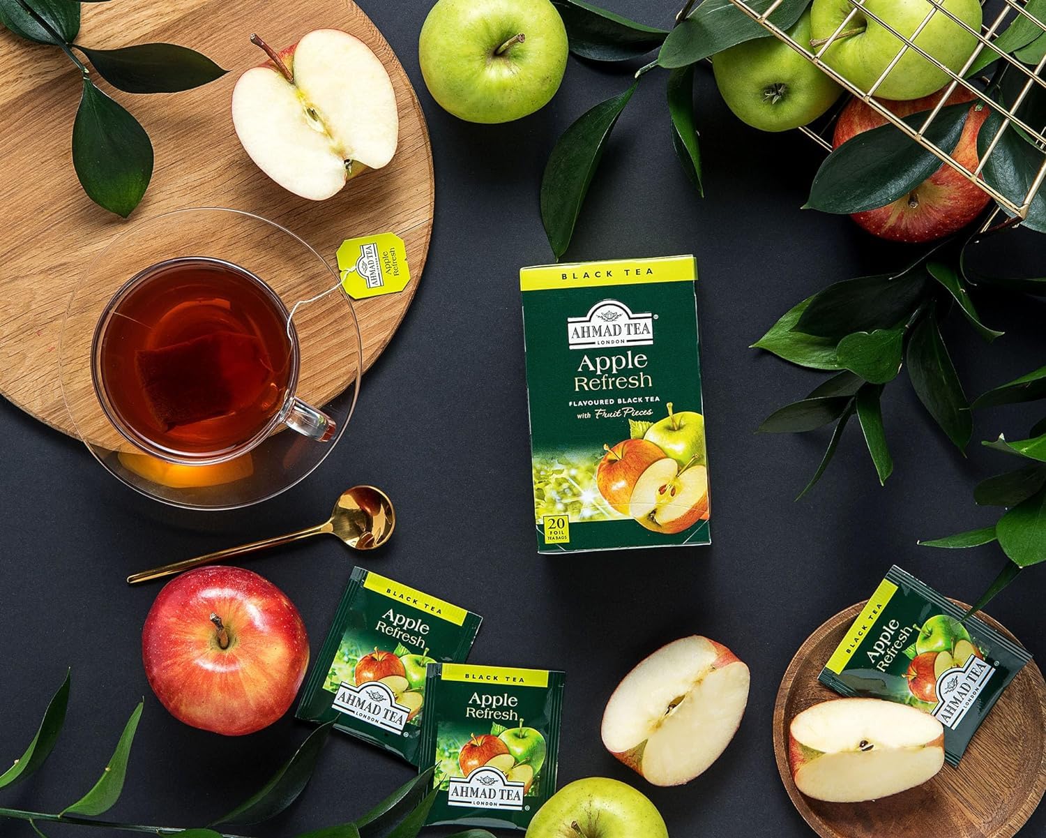 Teabags in cup, Ahmad Tea Apple Refresh ready to brew.