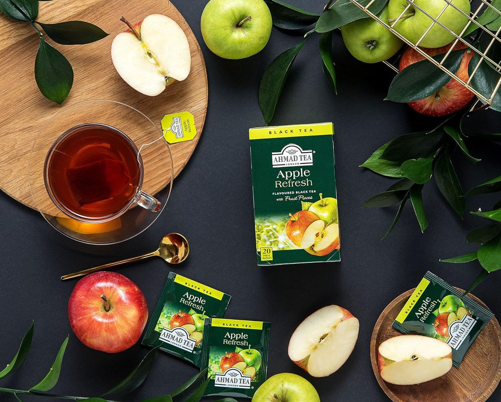 Teabags in cup, Ahmad Tea Apple Refresh ready to brew.
