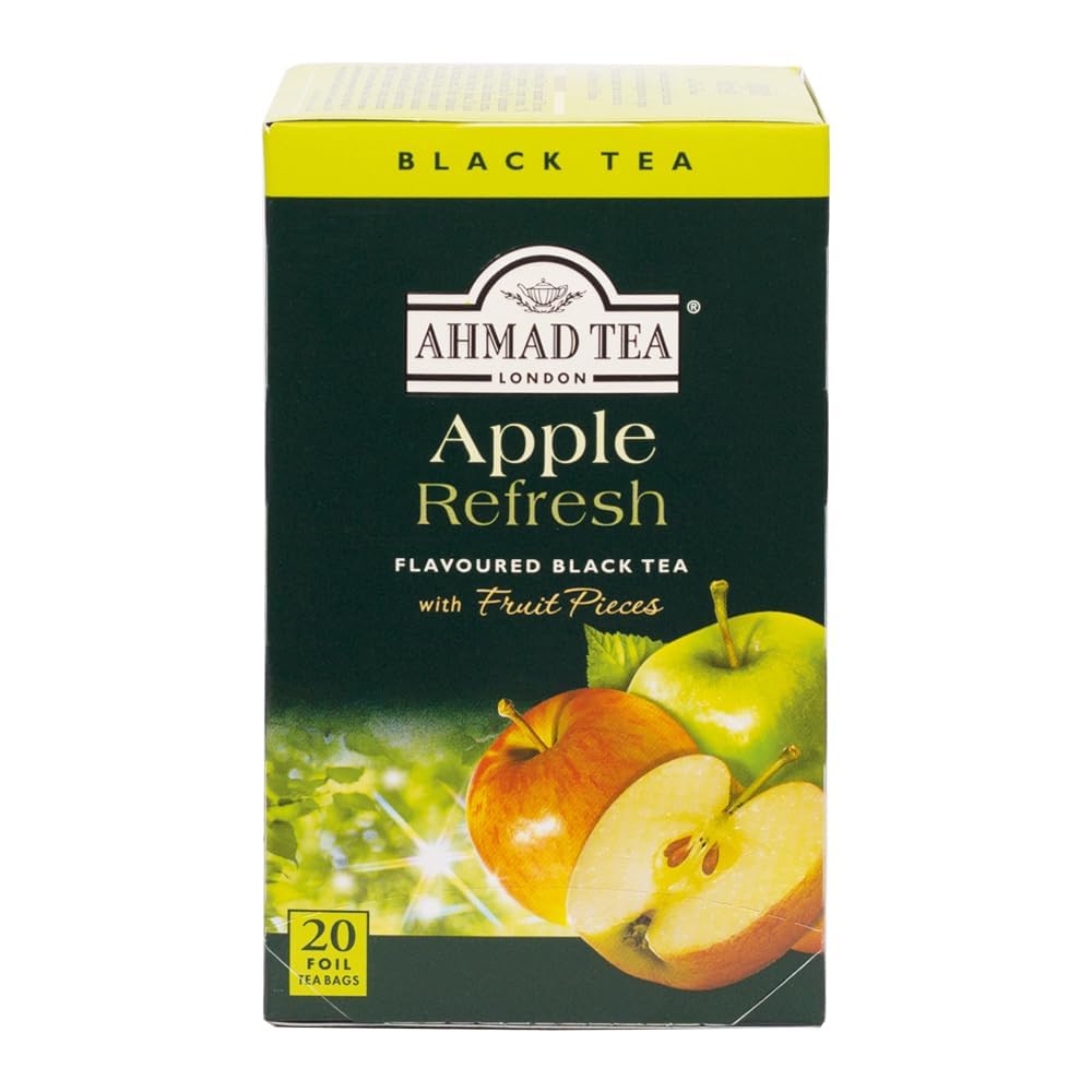 Ahmad Tea Apple Refresh packaging showcasing premium black tea blend.