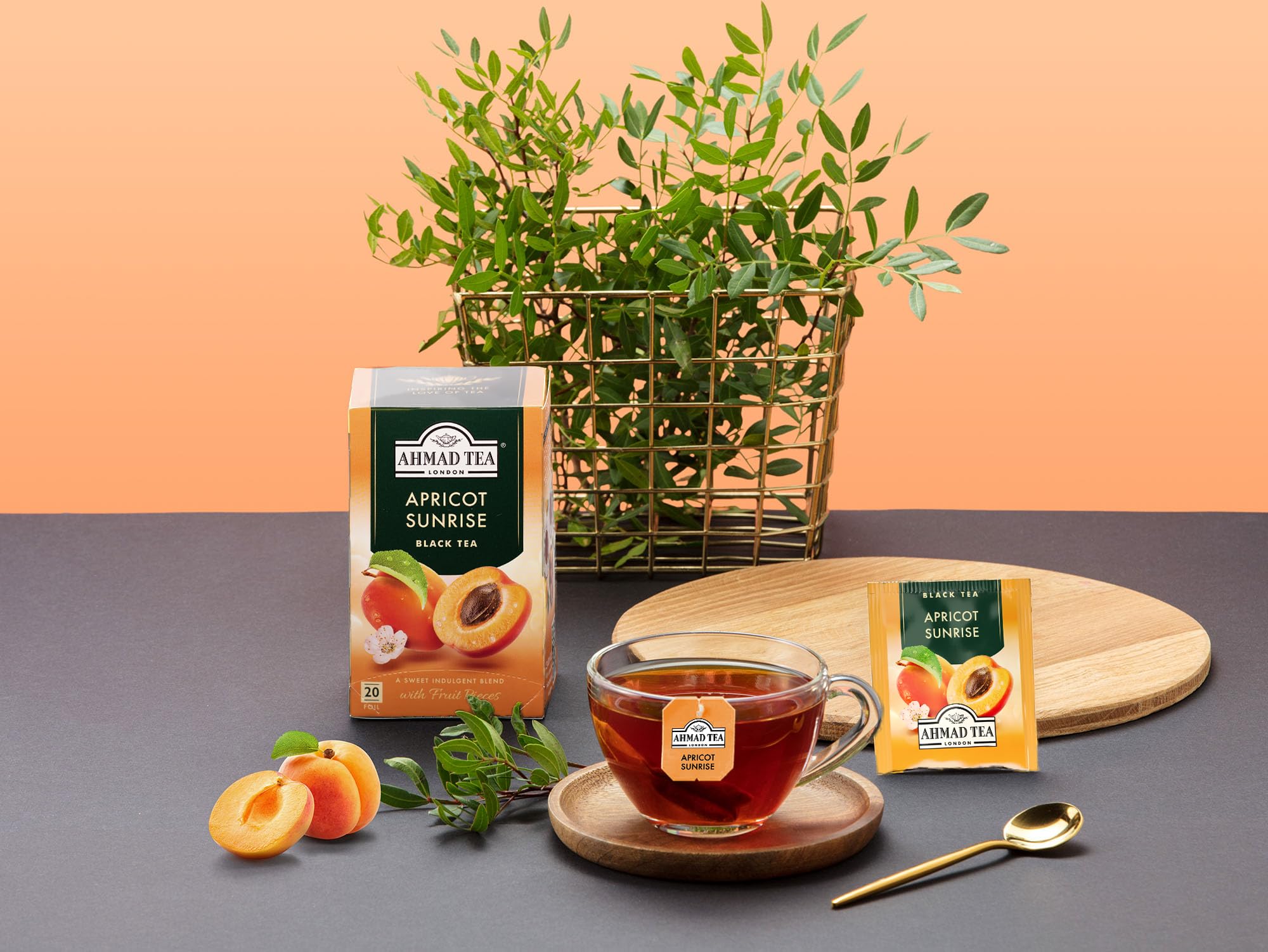 Ahmad Tea Apricot Sunrise ingredients highlight apricot pieces and flavoring
