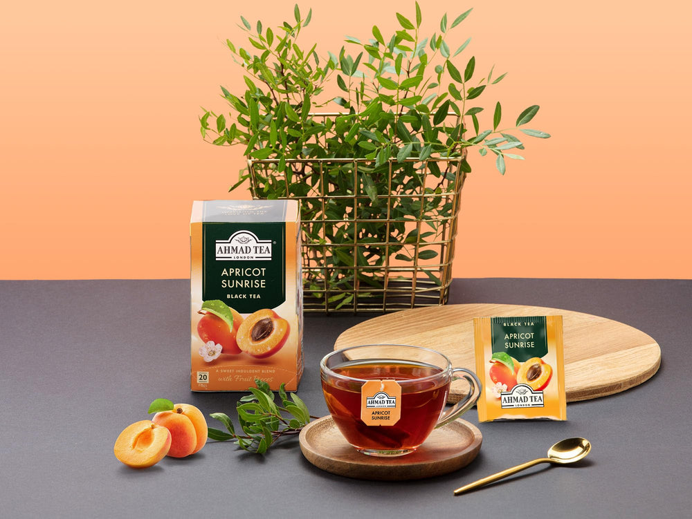 Ahmad Tea Apricot Sunrise ingredients highlight apricot pieces and flavoring